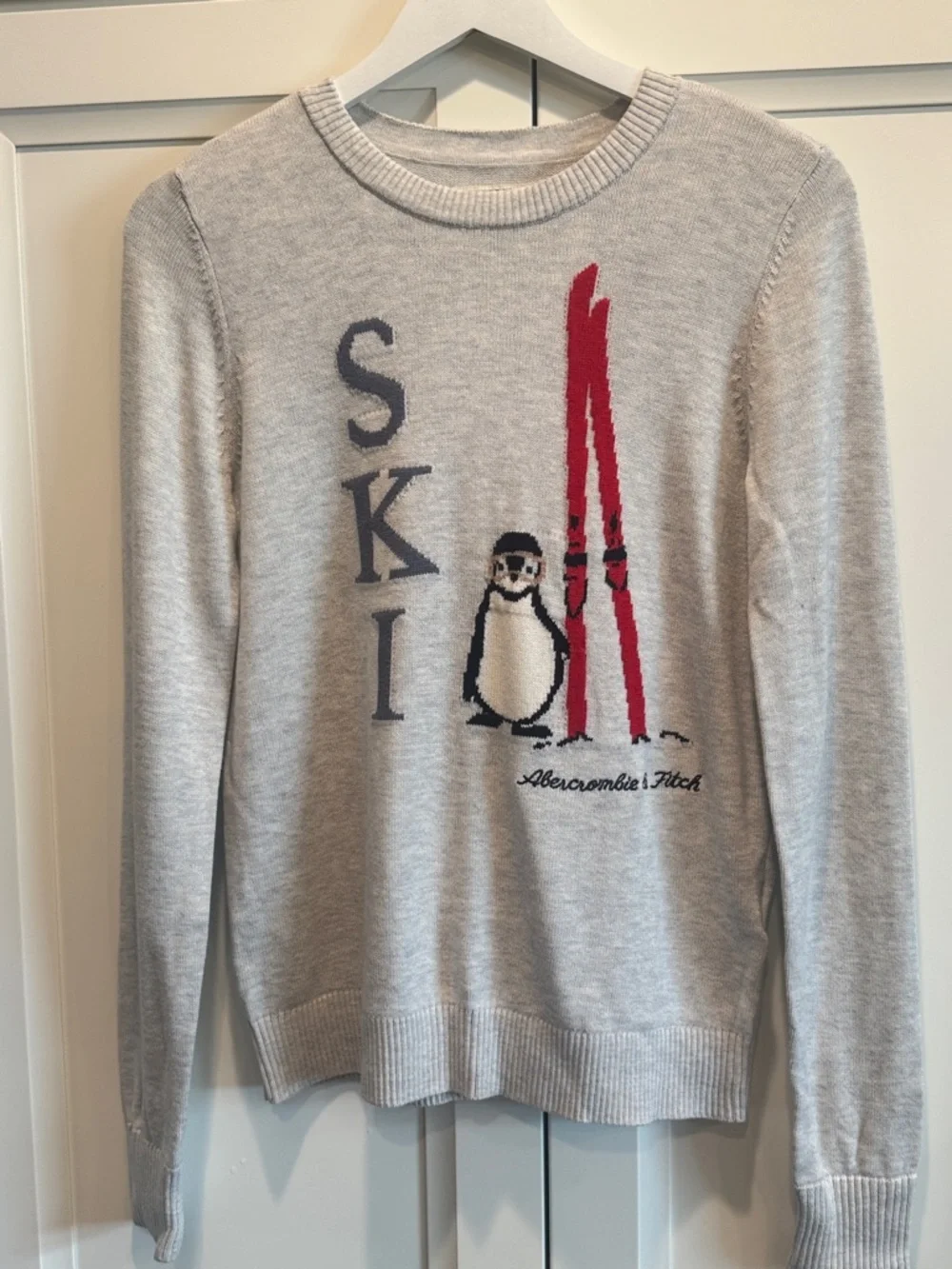 Abercrombie & Fitch Ski Penguin Sweater Gray Crewneck